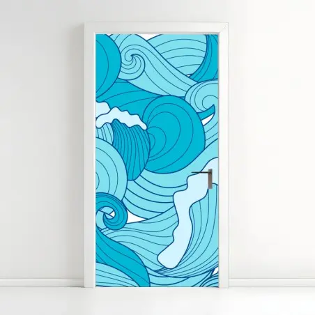 Adesivo per porta onde marine astratte in toni di blu • Wallissimo®