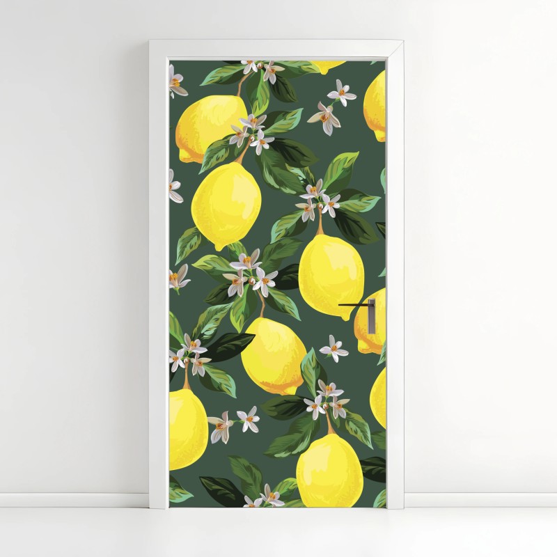 Adesivo per porta stampa limoni e fiori su sfondo verde scuro