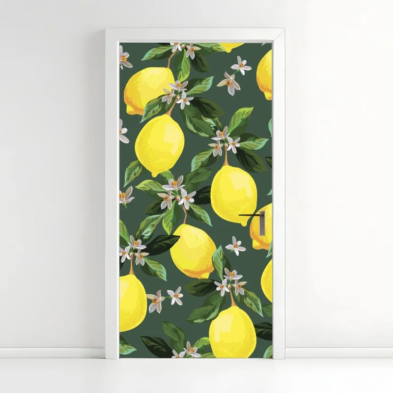 Adesivo per porta stampa limoni e fiori su sfondo verde scuro