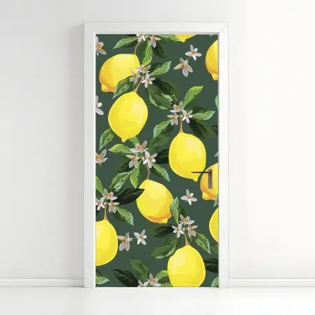 Adesivo per porta stampa limoni e fiori su sfondo verde scuro • Wallissimo®