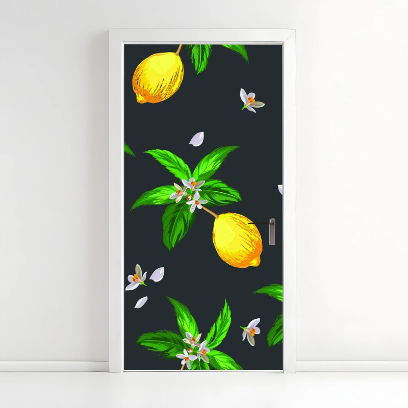 Adesivo per porta motivo di limoni e fiori su sfondo scuro