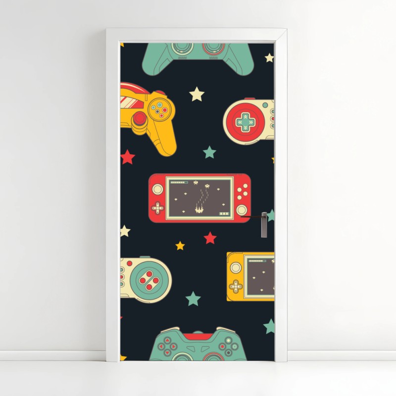 Adesivo per porta motivo giochi retrò con controller colorati
