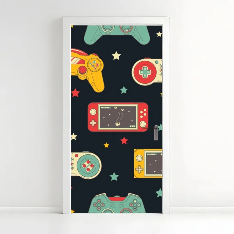 Adesivo per porta motivo giochi retrò con controller colorati