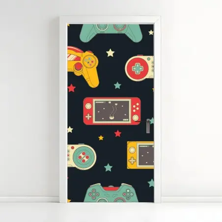 Adesivo per porta motivo giochi retrò con controller colorati • Wallissimo®