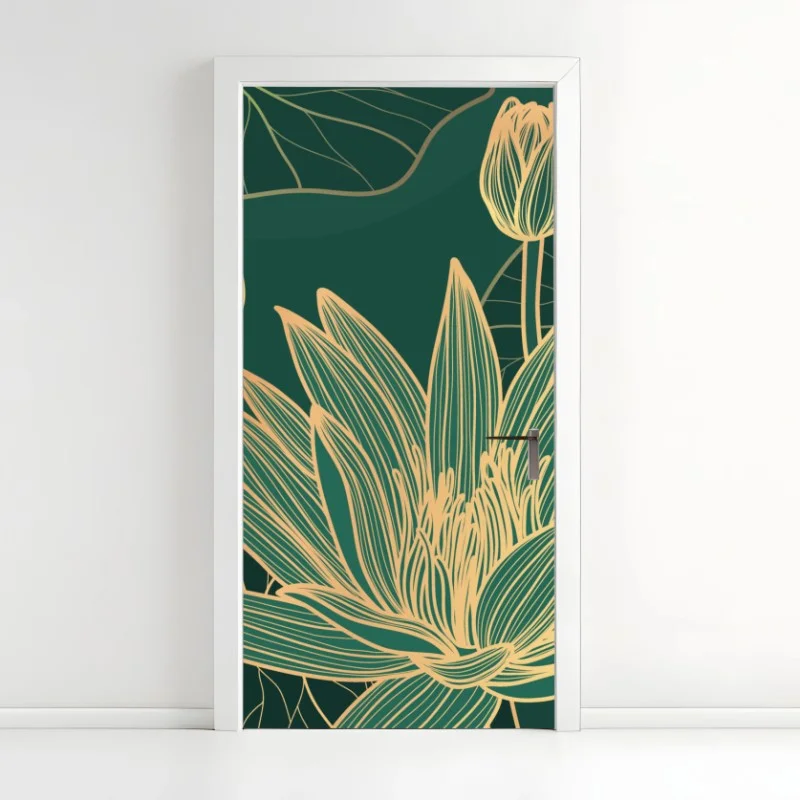 Adesivo per porta ninfee dorate su sfondo verde