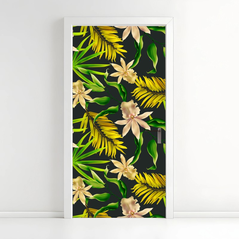 Adesivo per porta motivo floreale tropicale su sfondo scuro