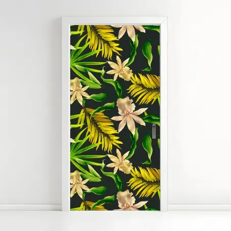 Adesivo per porta motivo floreale tropicale su sfondo scuro • Wallissimo®
