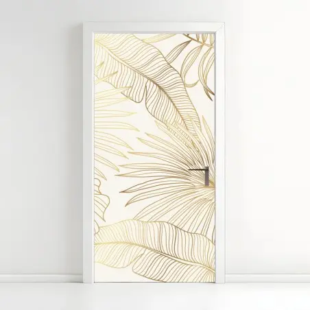 Adesivo per porta fogliame tropicale dorato su fondo crema • Wallissimo®