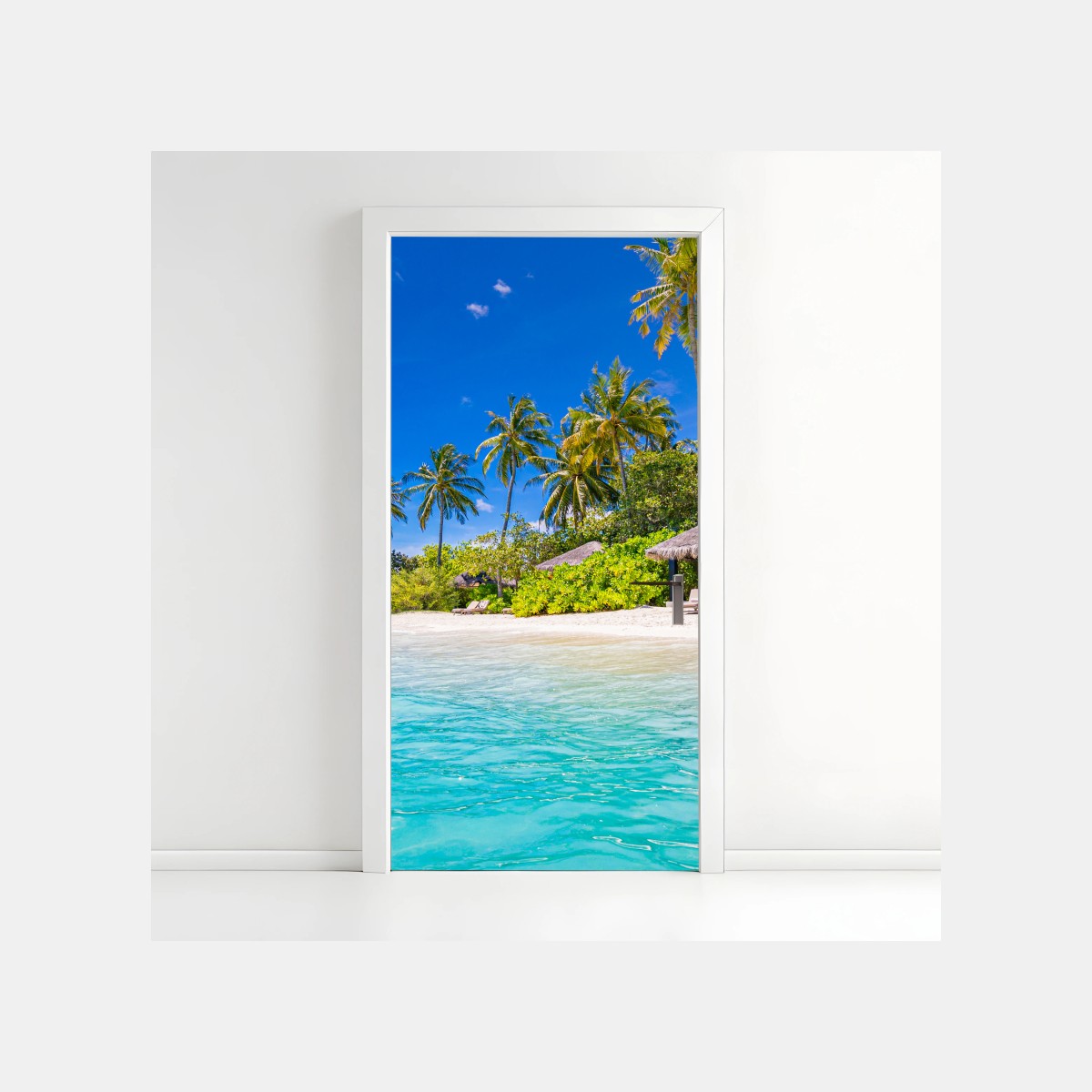 Adesivo per porta paradiso tropicale con palme e mare turchese • Wallissimo®