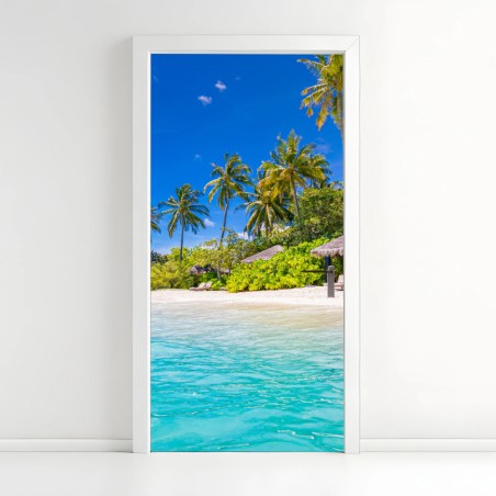 Adesivo per porta paradiso tropicale con palme e mare turchese • Wallissimo®