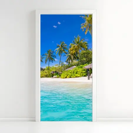 Adesivo per porta paradiso tropicale con palme e mare turchese • Wallissimo®