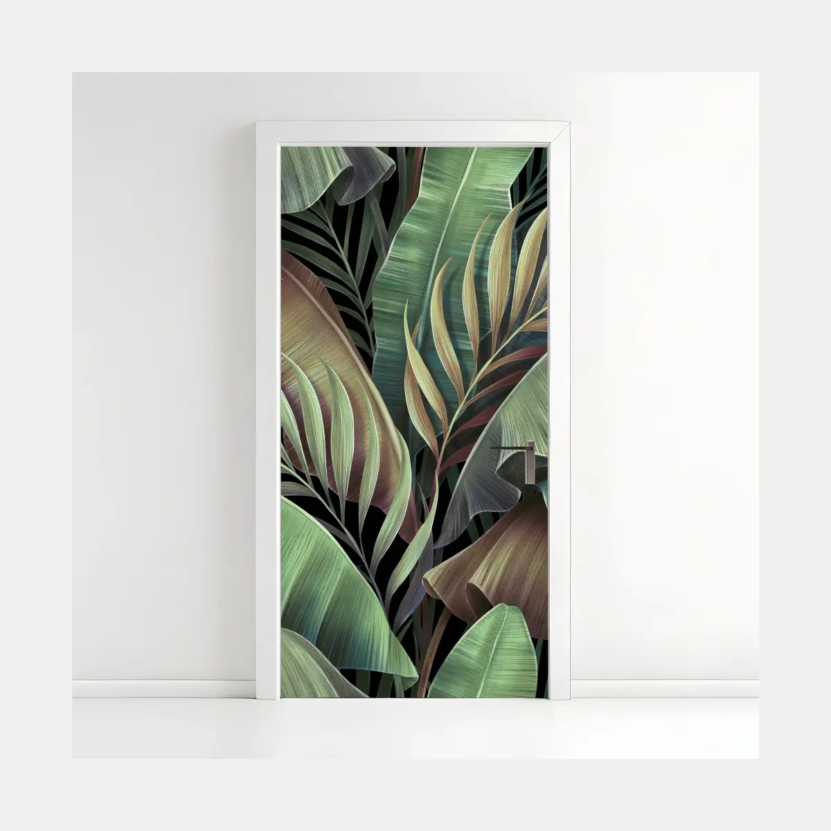 Adesivo per porta elegante motivo di foglie tropicali verde smeraldo • Wallissimo®