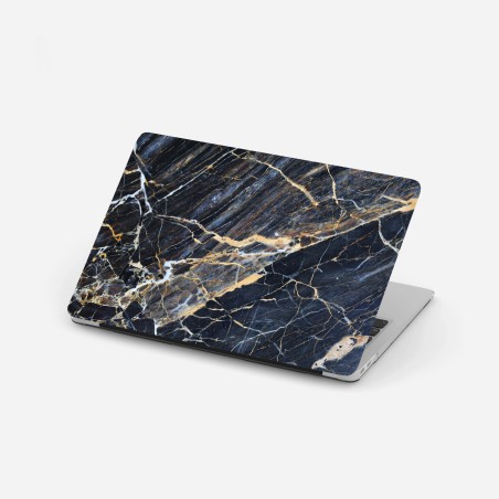 Adesivo per laptop marmo blu scuro con venature dorate e crema • Wallissimo®
