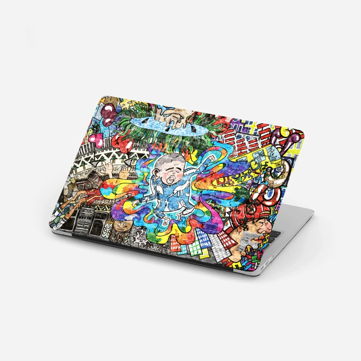 Adesivo per laptop nascita psichedelica: bambino tra colori e città • Wallissimo® Adesivo per laptop nascita psichedelica: bambino tra colori e città • Wallissimo®