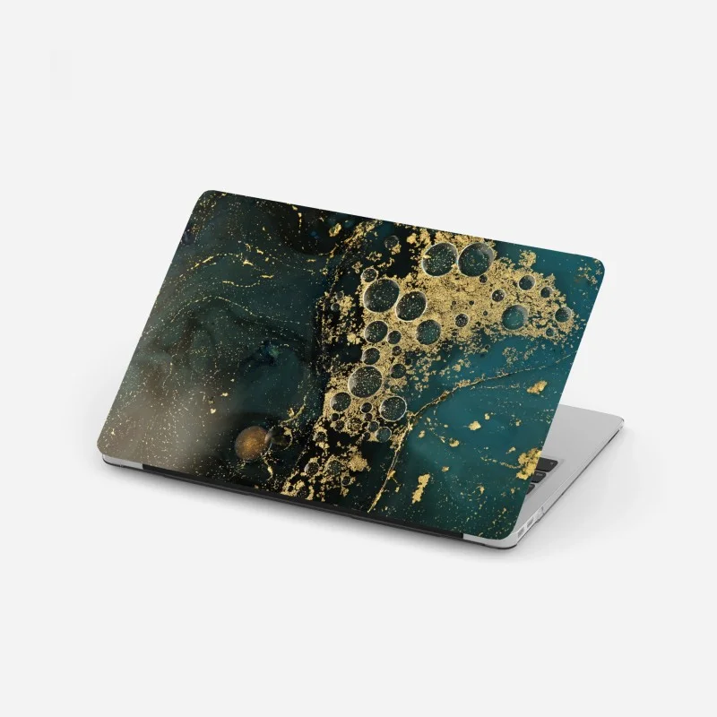 Adesivo per laptop oro liquido su blu petrolio, texture astratta