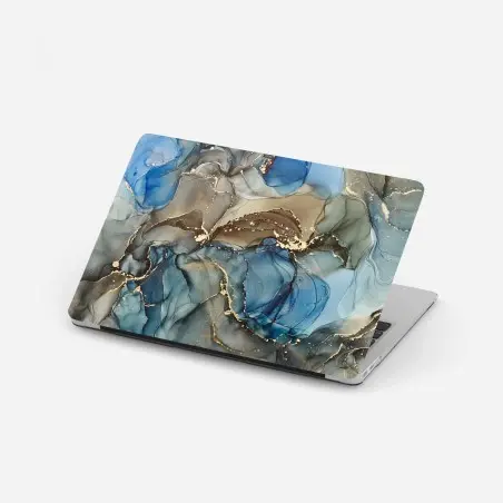 Adesivo per laptop correnti di inchiostro blu con venature dorate • Wallissimo®