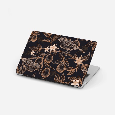 Adesivo per laptop motivo botanico con uccelli e agrumi su sfondo scuro • Wallissimo®
