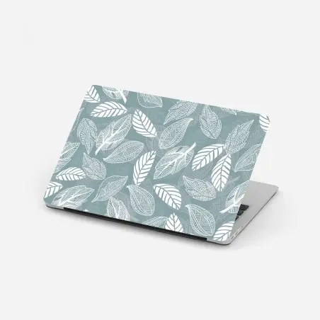 Adesivo per laptop motivo foglie bianche su sfondo turchese • Wallissimo®