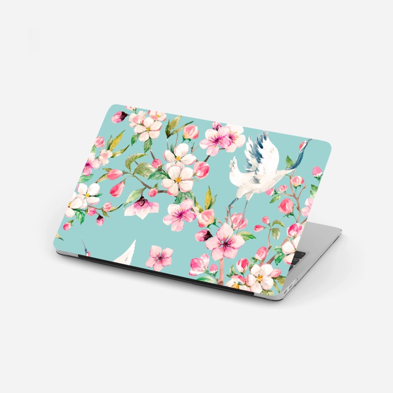 Adesivo per laptop composizione primaverile con gru e fiori di ciliegio