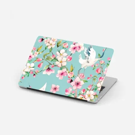 Adesivo per laptop composizione primaverile con gru e fiori di ciliegio • Wallissimo®