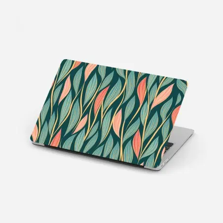 Adesivo per laptop motivo foglie elegante in tonalità turchese e salmone • Wallissimo®