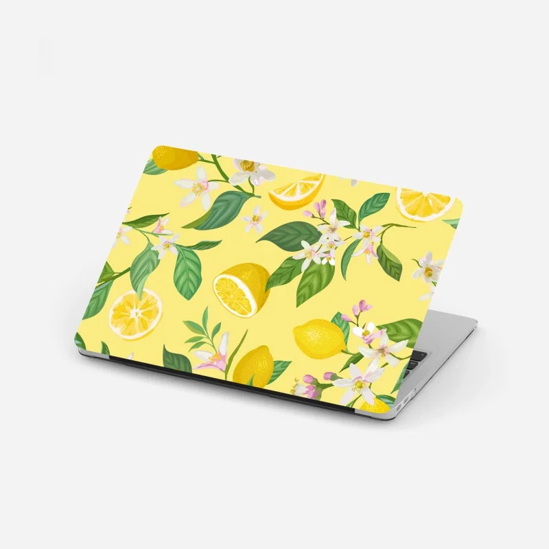 Adesivo per laptop motivo limoni e fiori su sfondo giallo