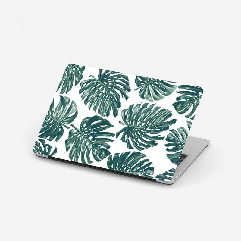 Adesivo per laptop design botanico con foglie di monstera su sfondo bianco