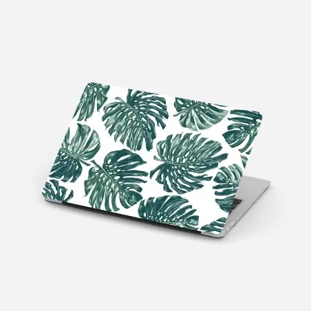 Adesivo per laptop design botanico con foglie di monstera su sfondo bianco • Wallissimo®