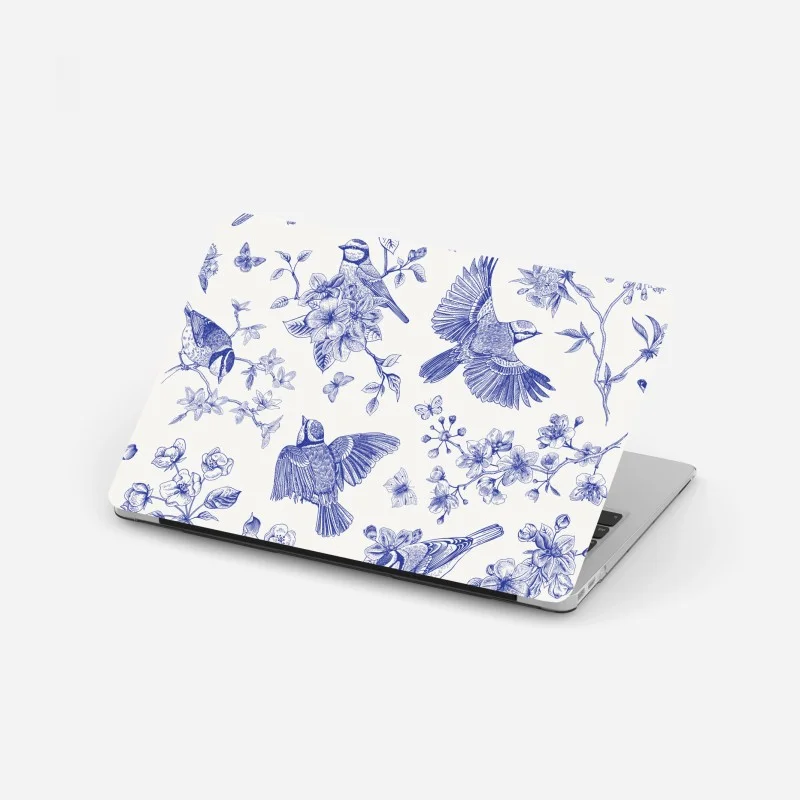 Adesivo per laptop motivo botanico con uccelli in inchiostro blu