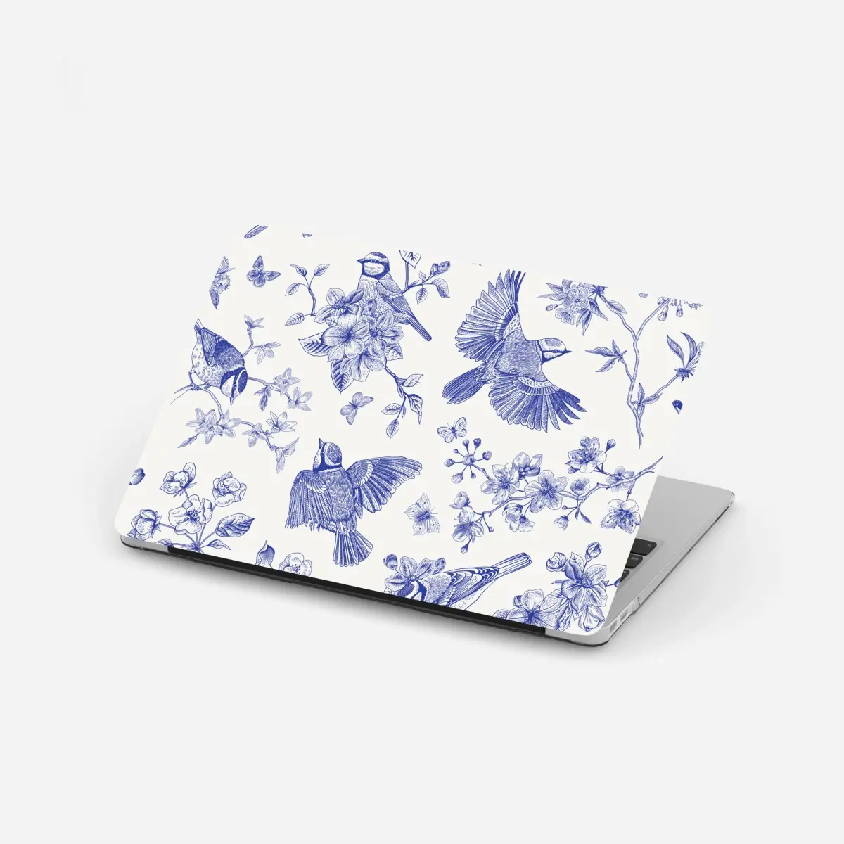 Adesivo per laptop motivo botanico con uccelli in inchiostro blu • Wallissimo®