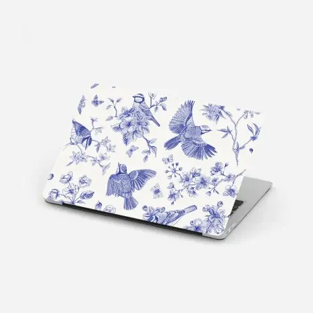 Adesivo per laptop motivo botanico con uccelli in inchiostro blu • Wallissimo®