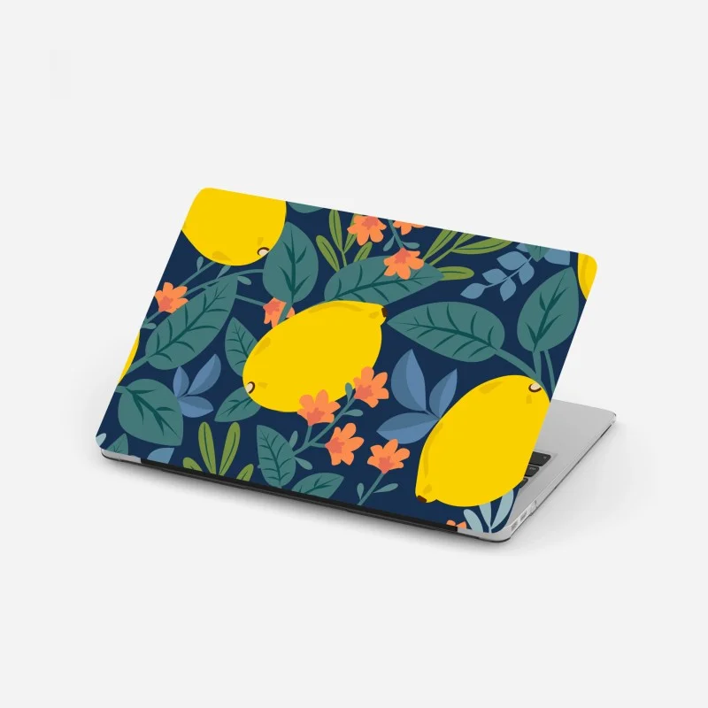 Adesivo per laptop motivo limoni e foglie su sfondo blu scuro