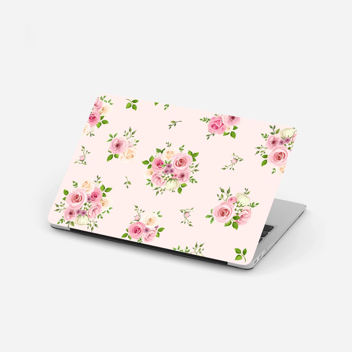 Adesivo per laptop bouquet di rose pastello su sfondo rosa • Wallissimo®