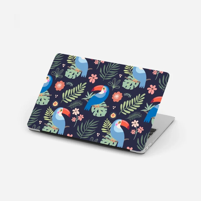 Adesivo per laptop motivo tucani tropicali su sfondo scuro