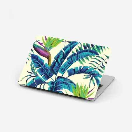 Adesivo per laptop foglie tropicali blu e fiori esotici • Wallissimo®