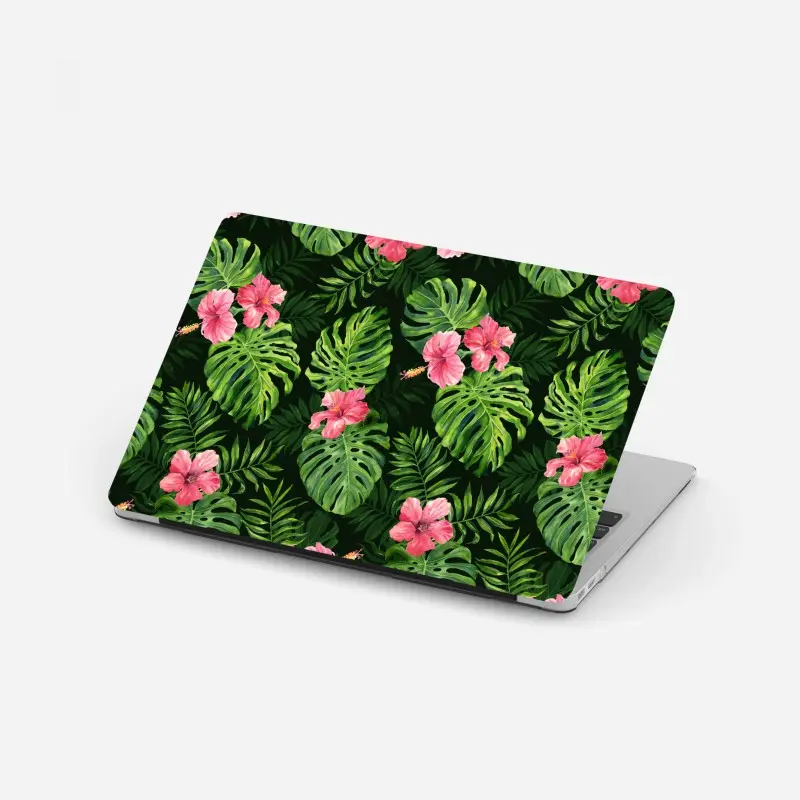 Adesivo per laptop motivo tropicale con foglie di monstera e hibiscus rosa