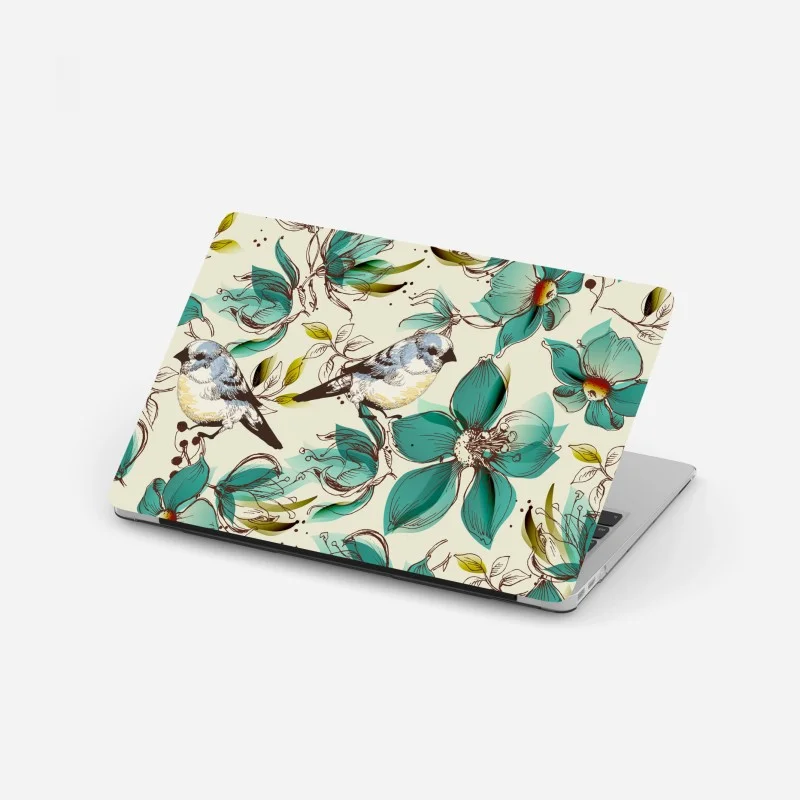 Adesivo per laptop motivo retrò di fiori e uccelli turchesi
