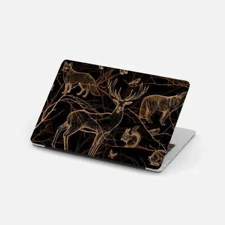 Adesivo per laptop foresta dorata: animali selvatici su sfondo nero • Wallissimo®