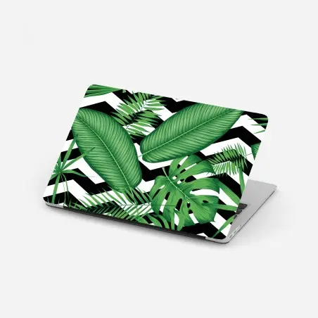 Adesivo per laptop grafica tropicale con foglie verdi su motivo zigzag • Wallissimo®