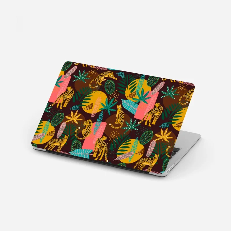 Adesivo per laptop pattern tropicale con giaguari e foglie colorate