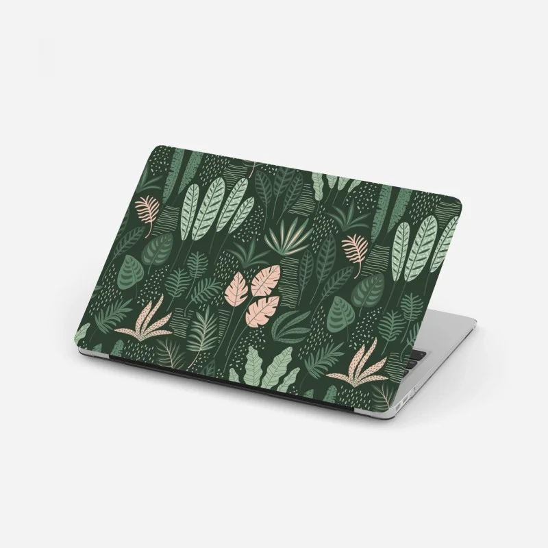 Adesivo per laptop giungla botanica in verde e rosa
