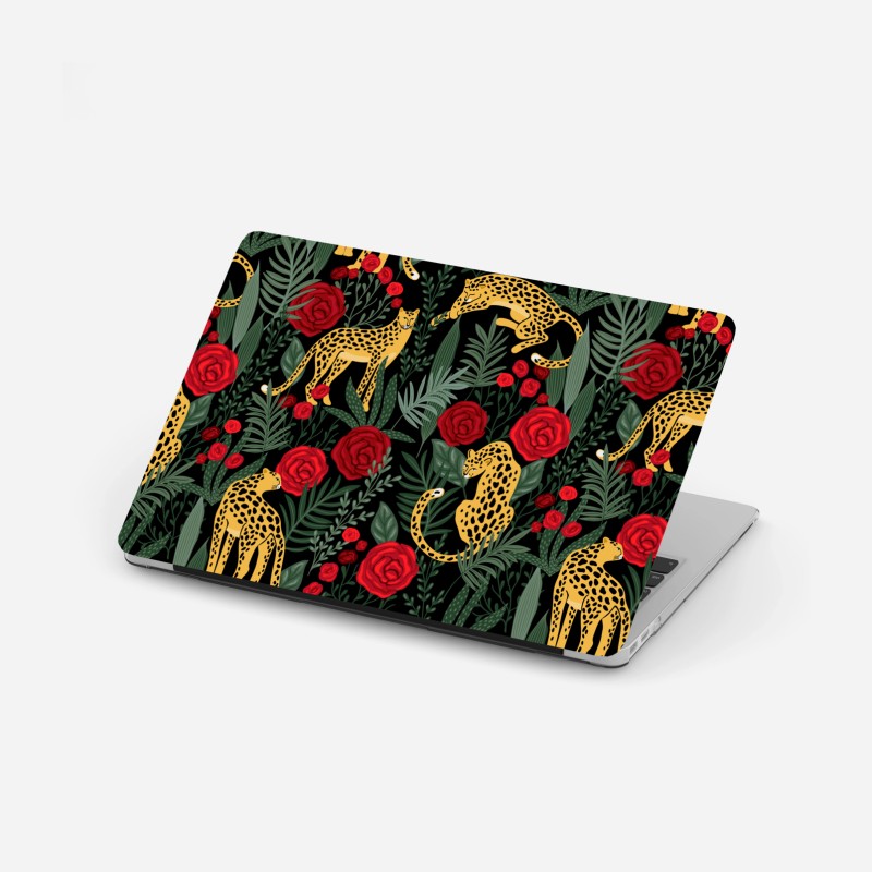 Adesivo per laptop eleganza felina tra rose rosse