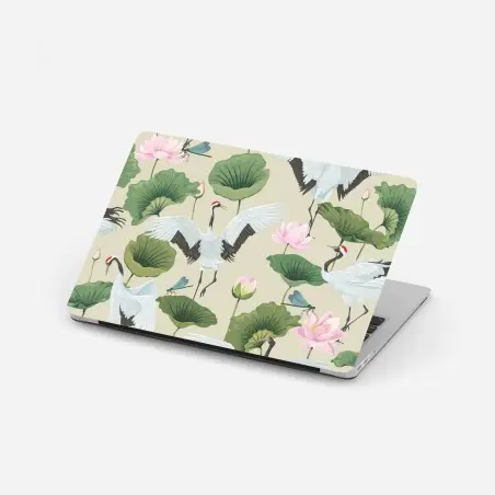 Adesivo per laptop danza delle gru e fiori di loto su sfondo beige • Wallissimo®