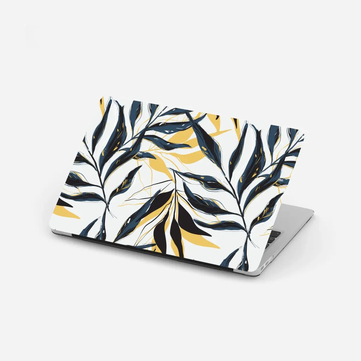 Adesivo per laptop motivo botanico di foglie blu e oro • Wallissimo®