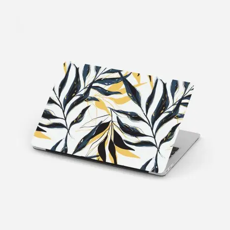 Adesivo per laptop motivo botanico di foglie blu e oro • Wallissimo®