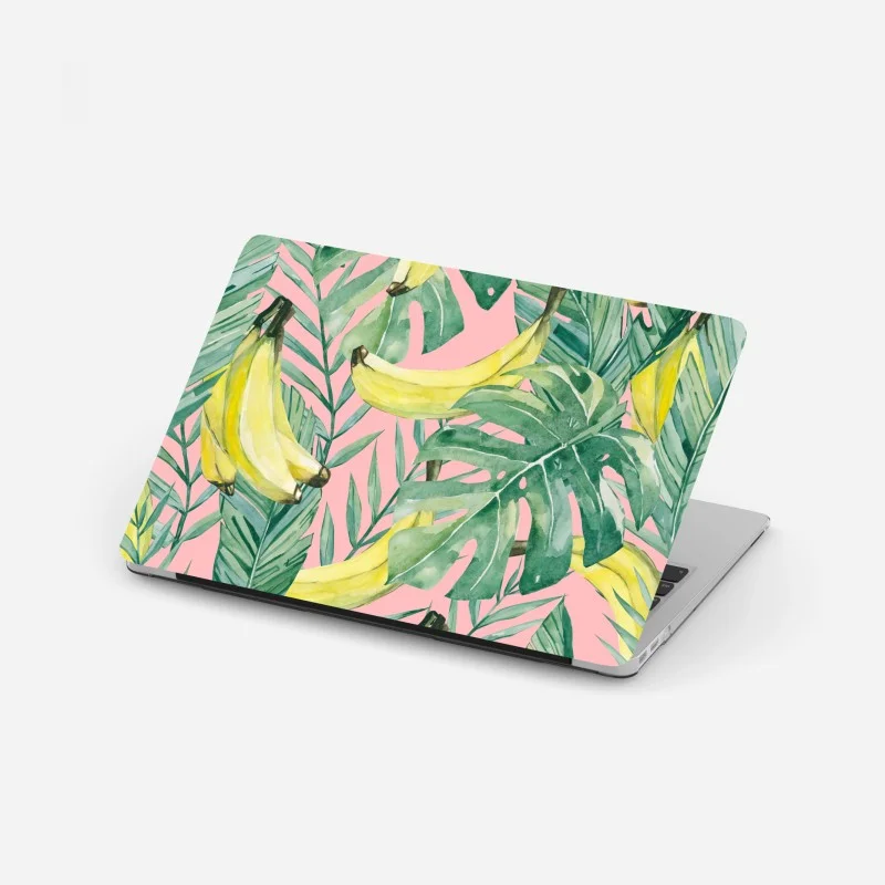 Adesivo per laptop motivo tropicale banane e foglie acquerello su sfondo rosa