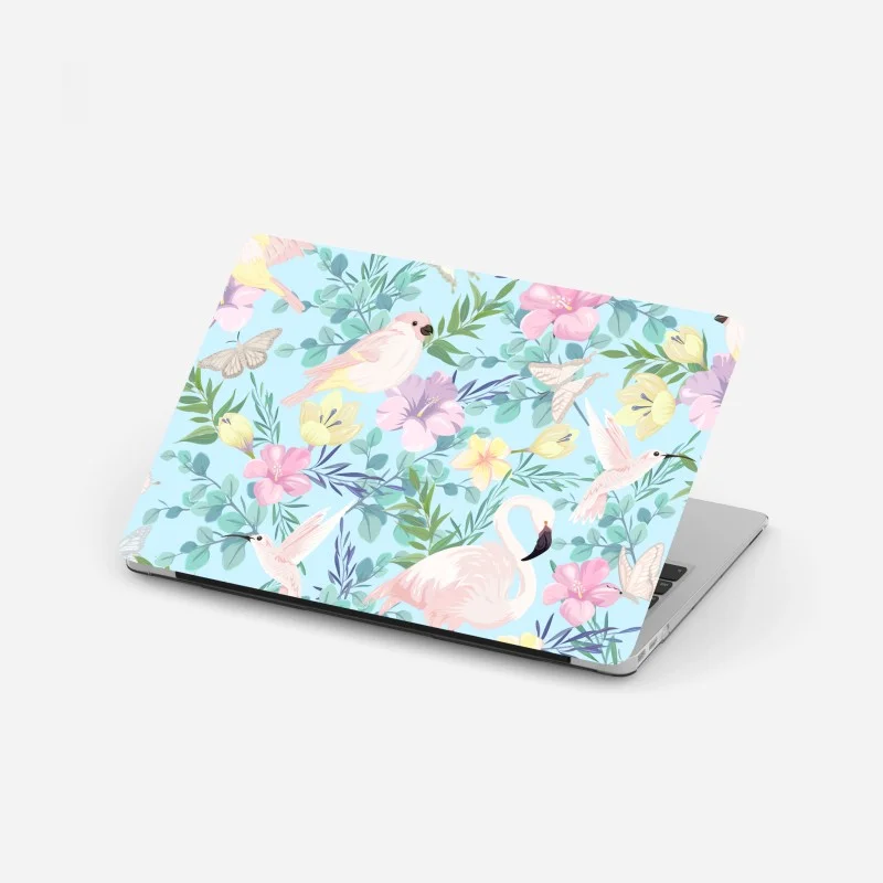 Adesivo per laptop sogno tropicale in toni pastello con fenicotteri