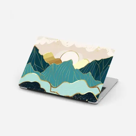 Adesivo per laptop montagne dorate e onde astratte • Wallissimo®