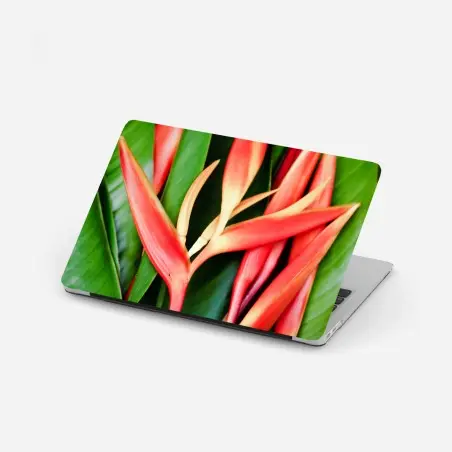 Adesivo per laptop vibrazioni tropicali: fiori rossi su foglie verdi • Wallissimo®