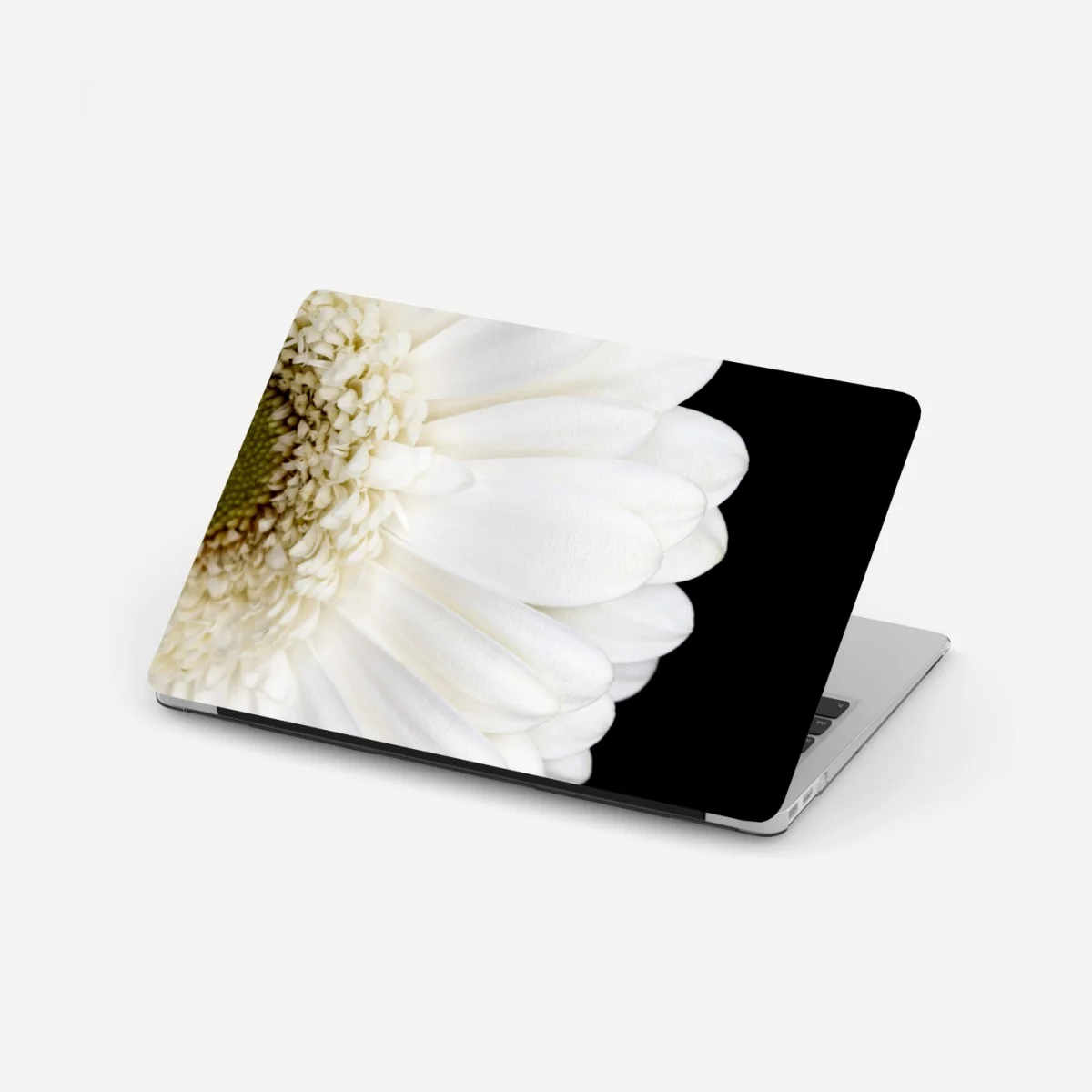Adesivo per laptop gerbera bianca su sfondo nero • Wallissimo® Adesivo per laptop gerbera bianca su sfondo nero • Wallissimo®